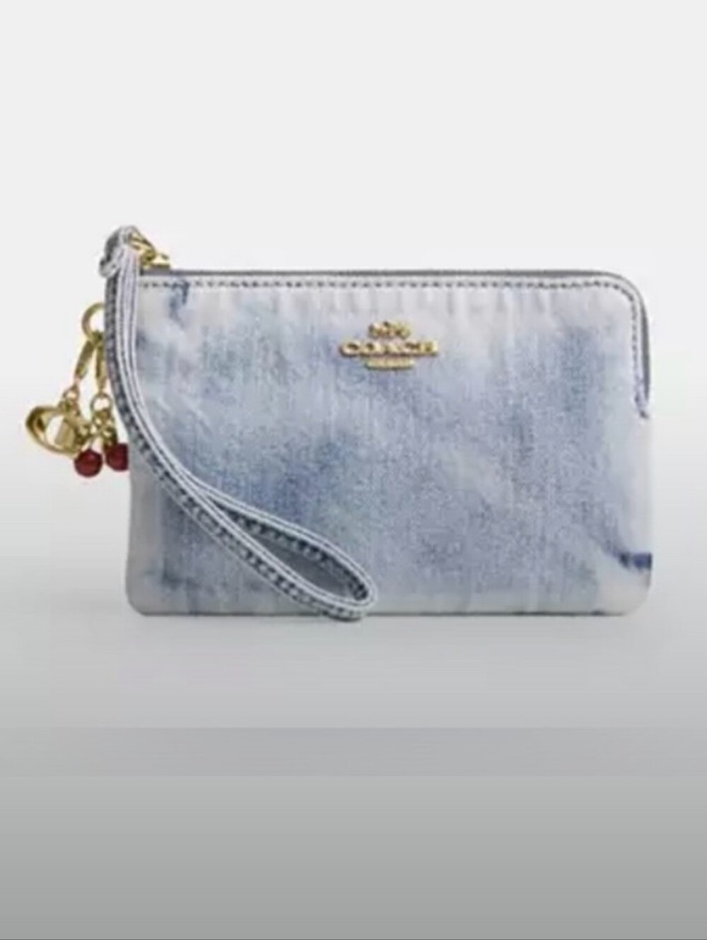 Coach-Corner L-Zip Wristlet And Cherry 🍒 Charm (Loved Denim 💙🩵)